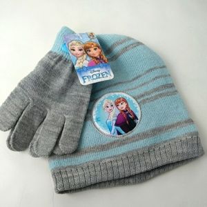 Disney Frozen Beanie Knit Hat & Gloves Set Grey Teal Stripe One Size Girls